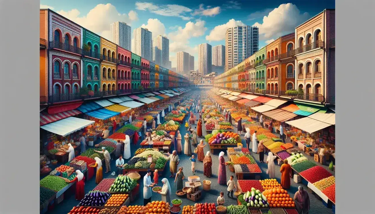 Mercato all'aperto multiculturale con persone diverse, bancarelle piene di frutta, verdura e spezie colorate, bambini che giocano, sfondo urbano.