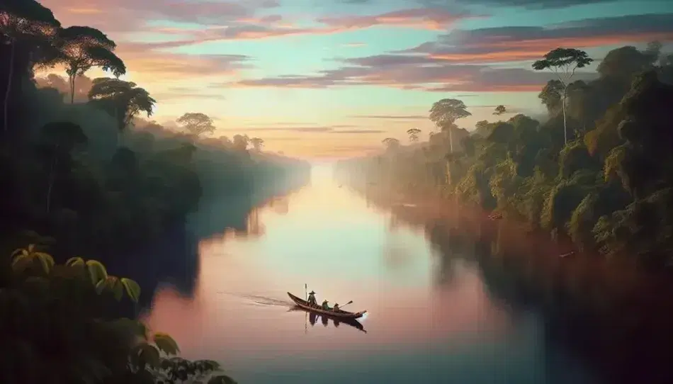 Peaceful sunrise on the Amazon river with traditional canoe, pastel water reflections and lush rainforest.