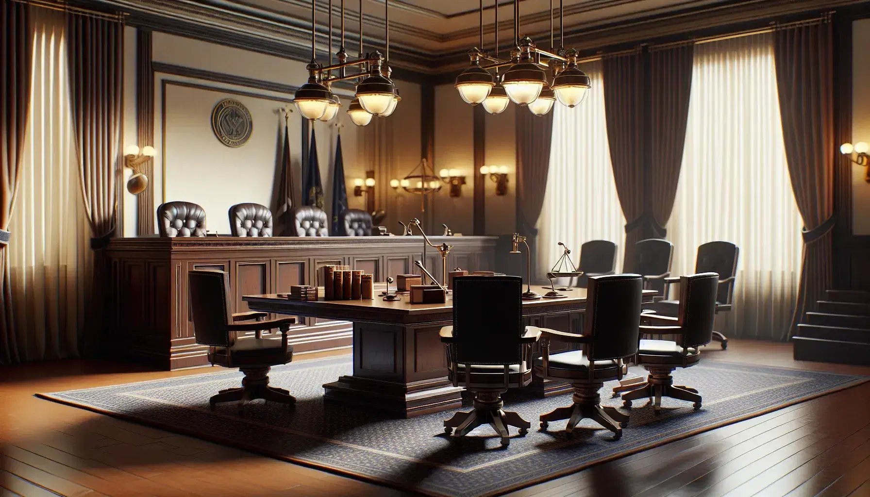 Sala de tribunal con mesa central de madera oscura, sillas con cojines negros, estrado del juez detallado, bandera lateral, atril de testigo y lámparas colgantes.