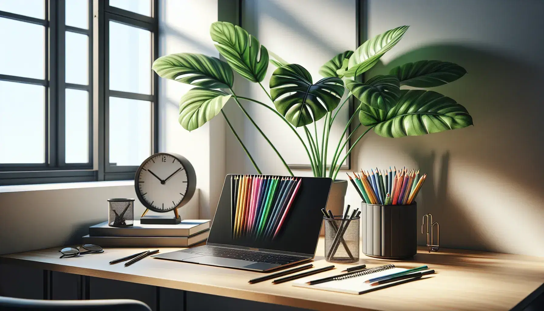 Tidy desk with black laptop, glasses with colored pencils, green plant and minimalist clock on neutral naturally lit background.