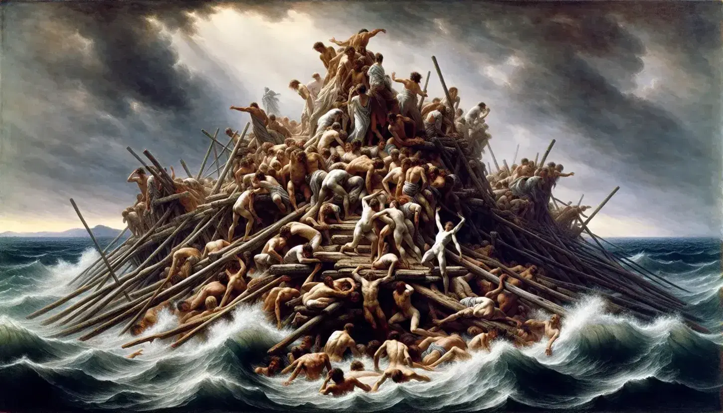 Rappresentazione drammatica del dipinto "La zattera della Medusa" di Théodore Géricault, con sopravvissuti in mare agitato sotto cielo tempestoso.