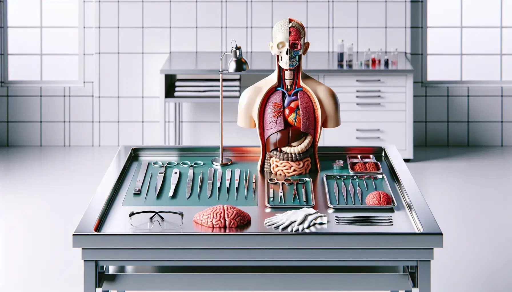 Mesa de disección en laboratorio de anatomía con torso humano plástico desmontable y órganos internos coloreados, herramientas quirúrgicas y guantes de látex.