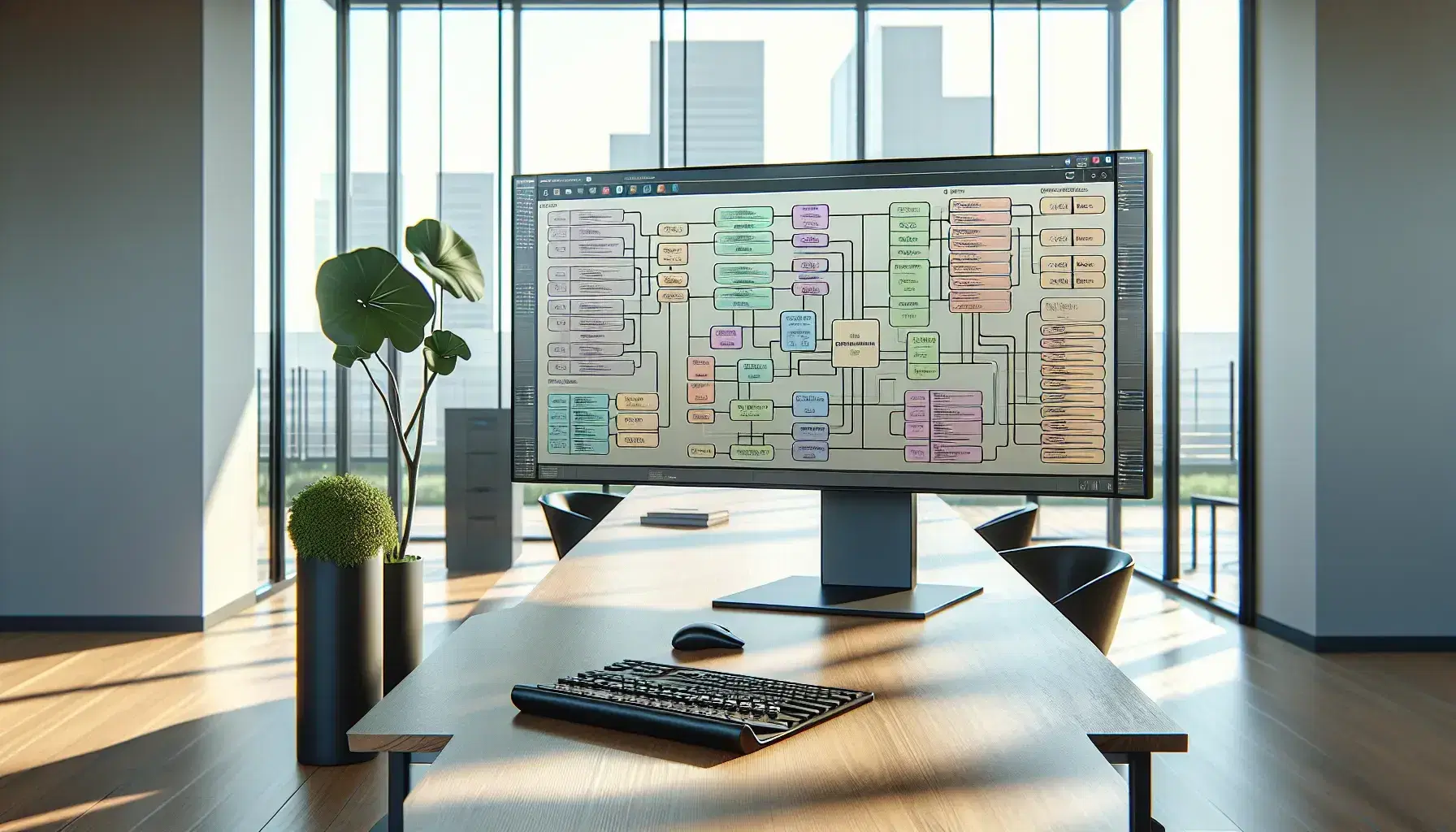 Caucasian man in casual shirt works on a monitor with colorful database diagram in a modern illuminated office with city view.
