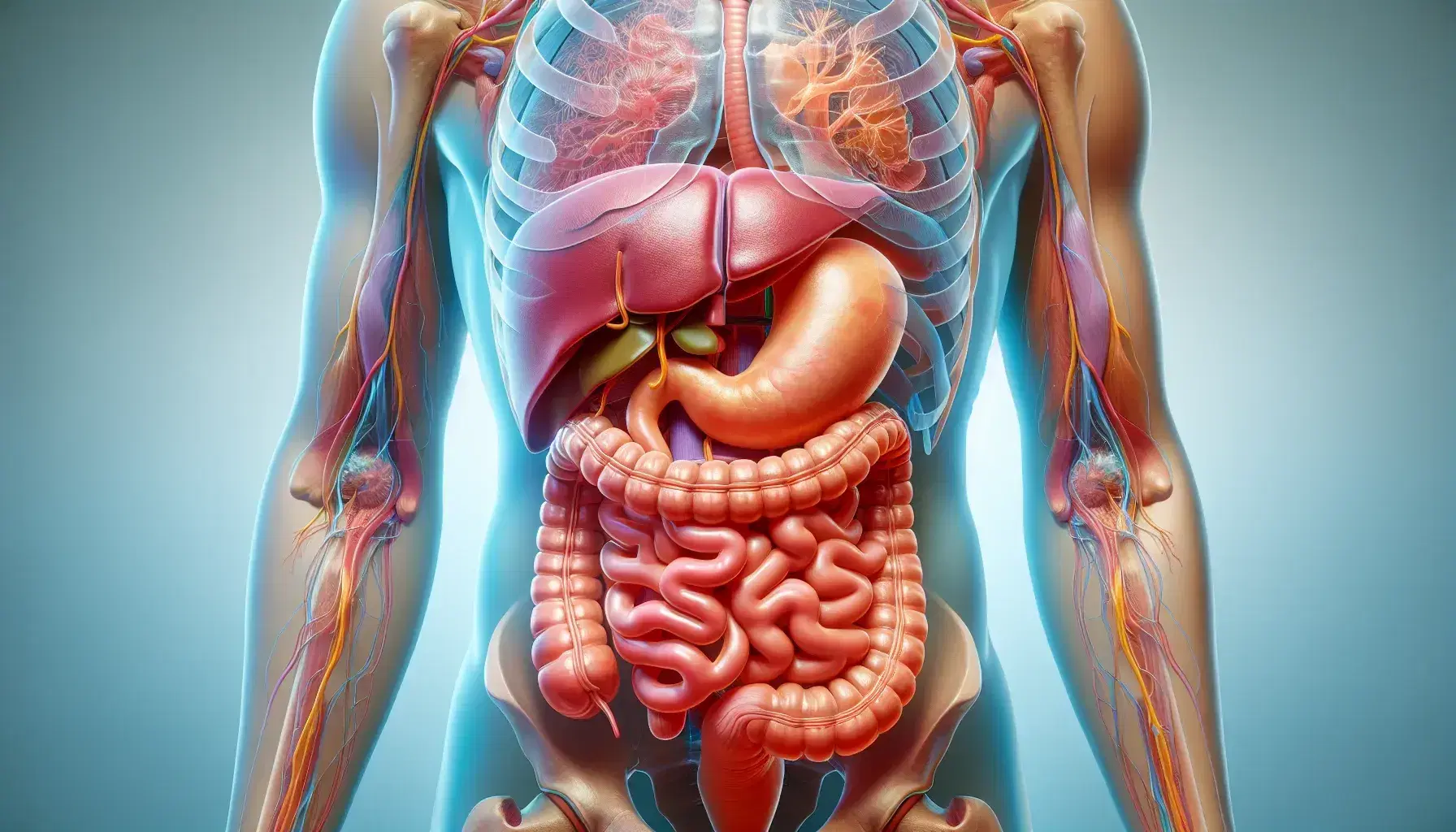 Vista anatómica detallada del sistema digestivo humano con torso transparente mostrando esófago, estómago, intestinos delgado y grueso, hígado y páncreas.