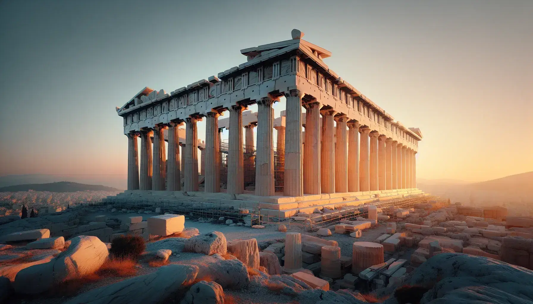 Vista frontale del Partenone ad Atene al tramonto, con colonne doriche e cielo sfumato da arancione a blu.