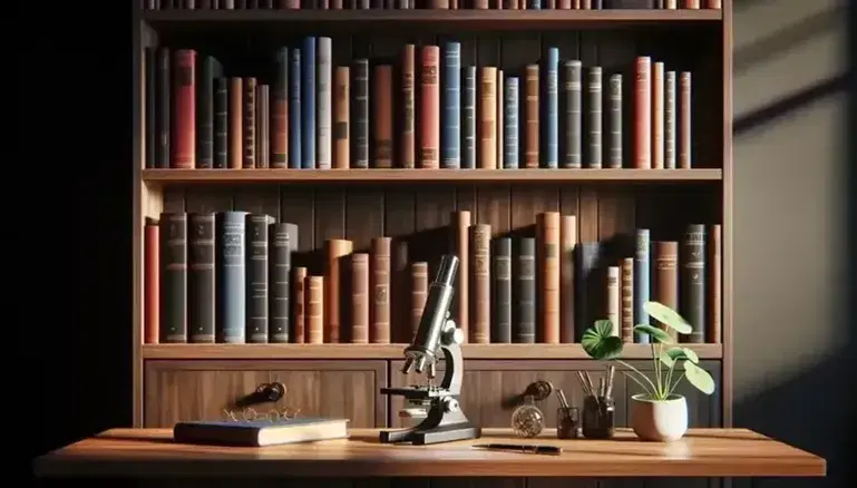 Estantería de madera oscura repleta de libros coloridos sin texto visible, mesa con microscopio metálico y planta con flores amarillas bajo luz natural.