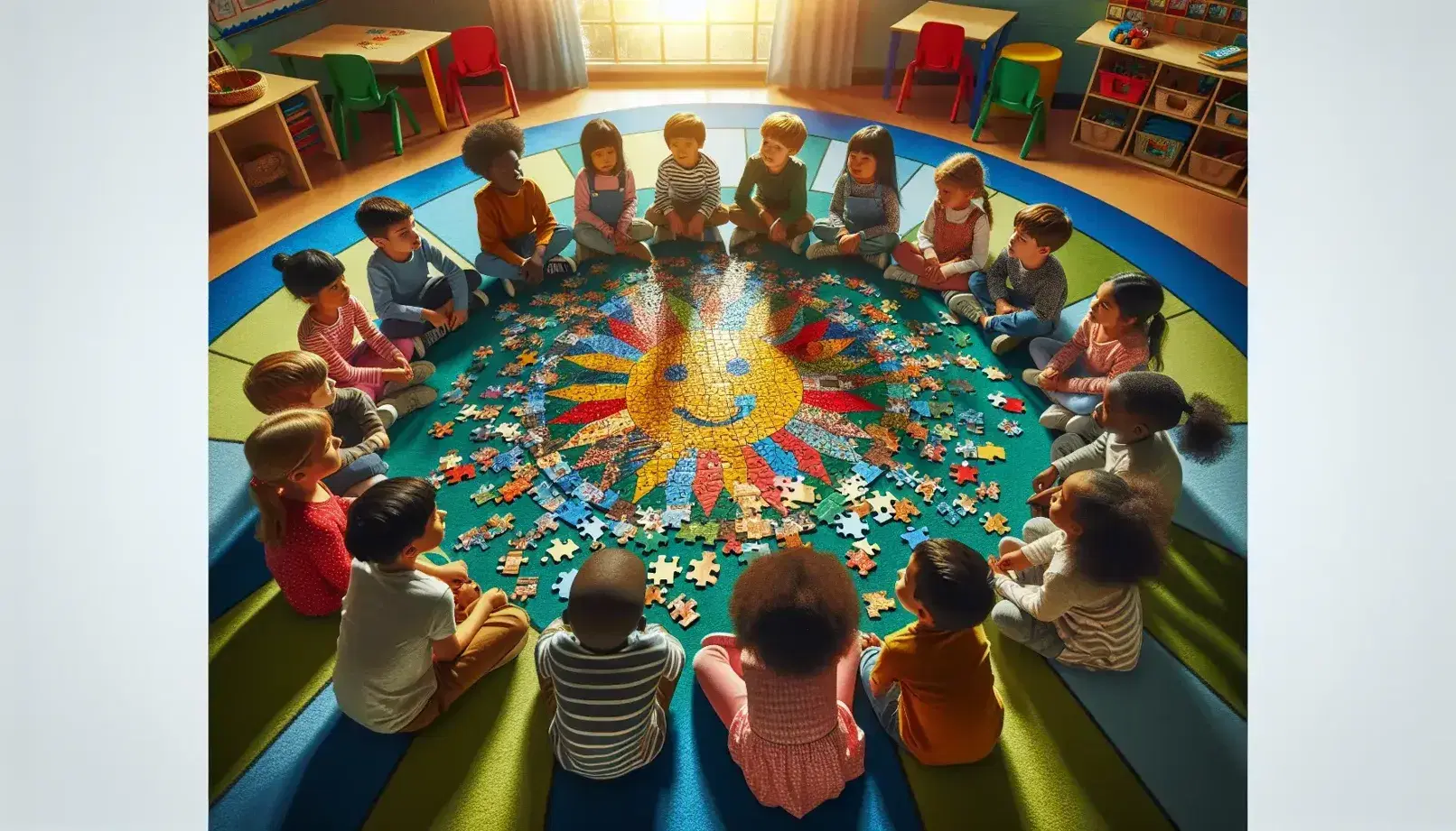 Bambini multietnici collaborano a un puzzle colorato seduti in cerchio su un tappeto in una classe luminosa.