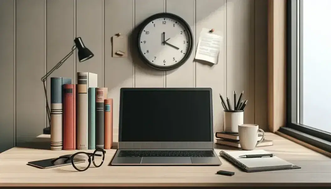 Scrivania in legno chiaro con laptop aperto, tazza di caffè, occhiali, libri colorati e quaderno con penna, in ambiente luminoso.