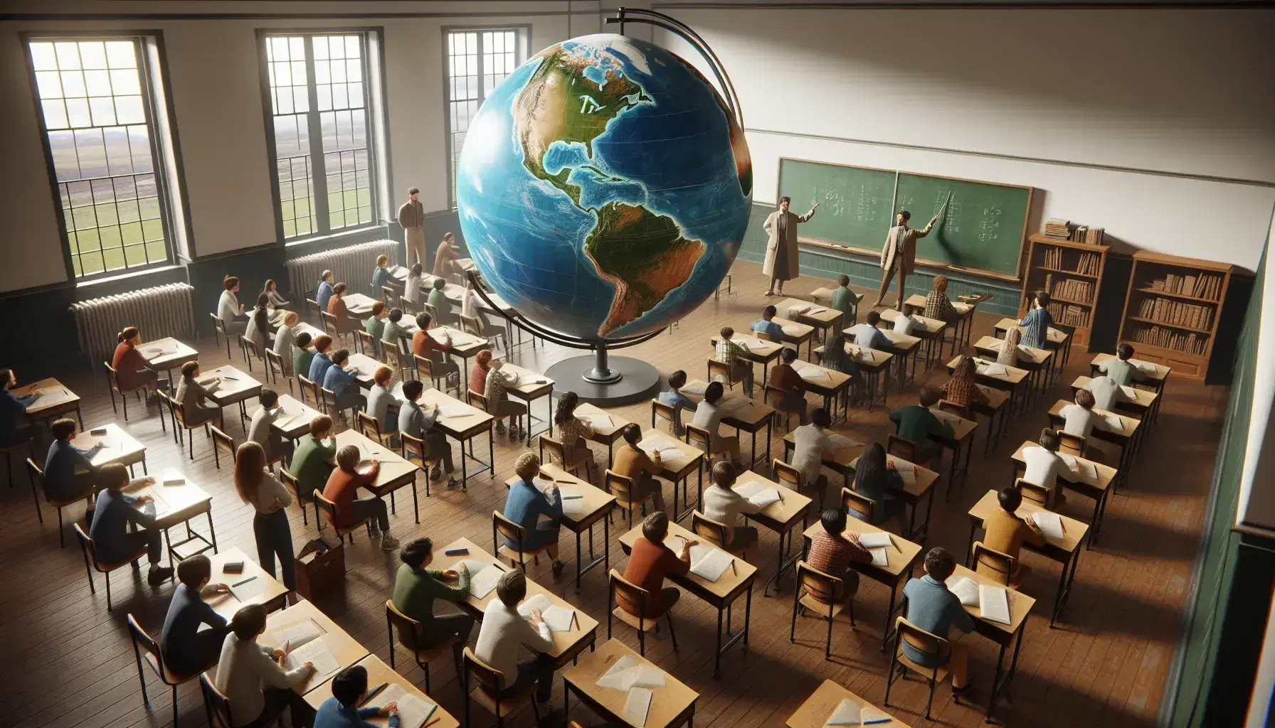 Aula escolar con estudiantes de diversas edades enfocados en un globo terráqueo grande mientras un profesor señala y explica, con luz natural iluminando la escena.