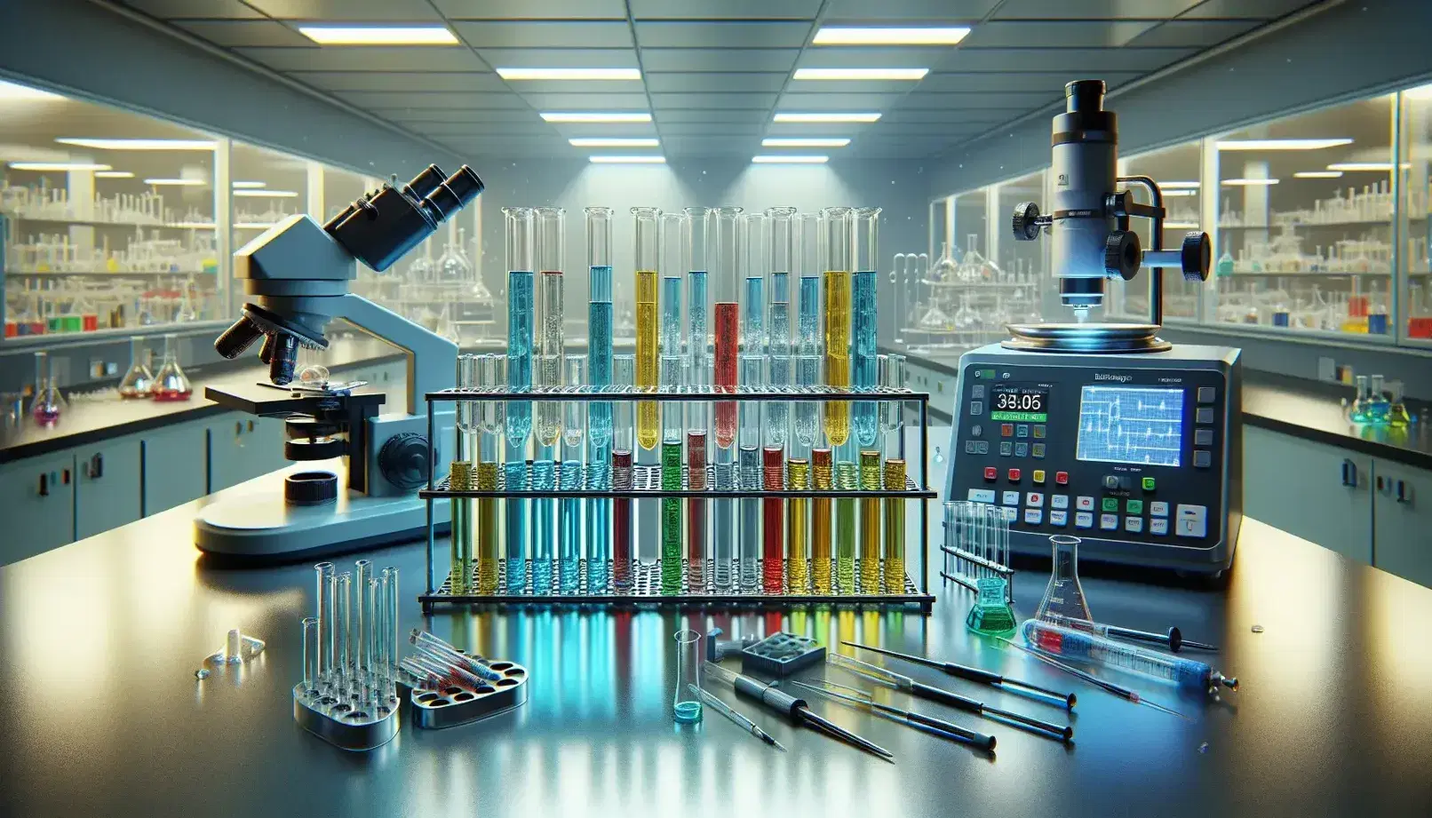 Laboratorio de investigación bioquímica con tubos de ensayo de colores, microscopio, balanza analítica y pipetas, reflejando un ambiente de experimentación científica.