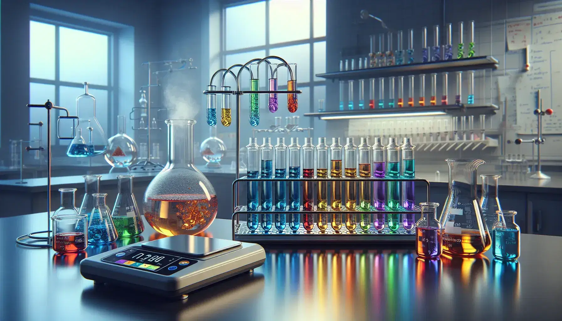 Laboratorio chimico con provette colorate in portaprovette metallico, fiasca con liquido incolore e fumante, becher arancione e bilancia analitica.