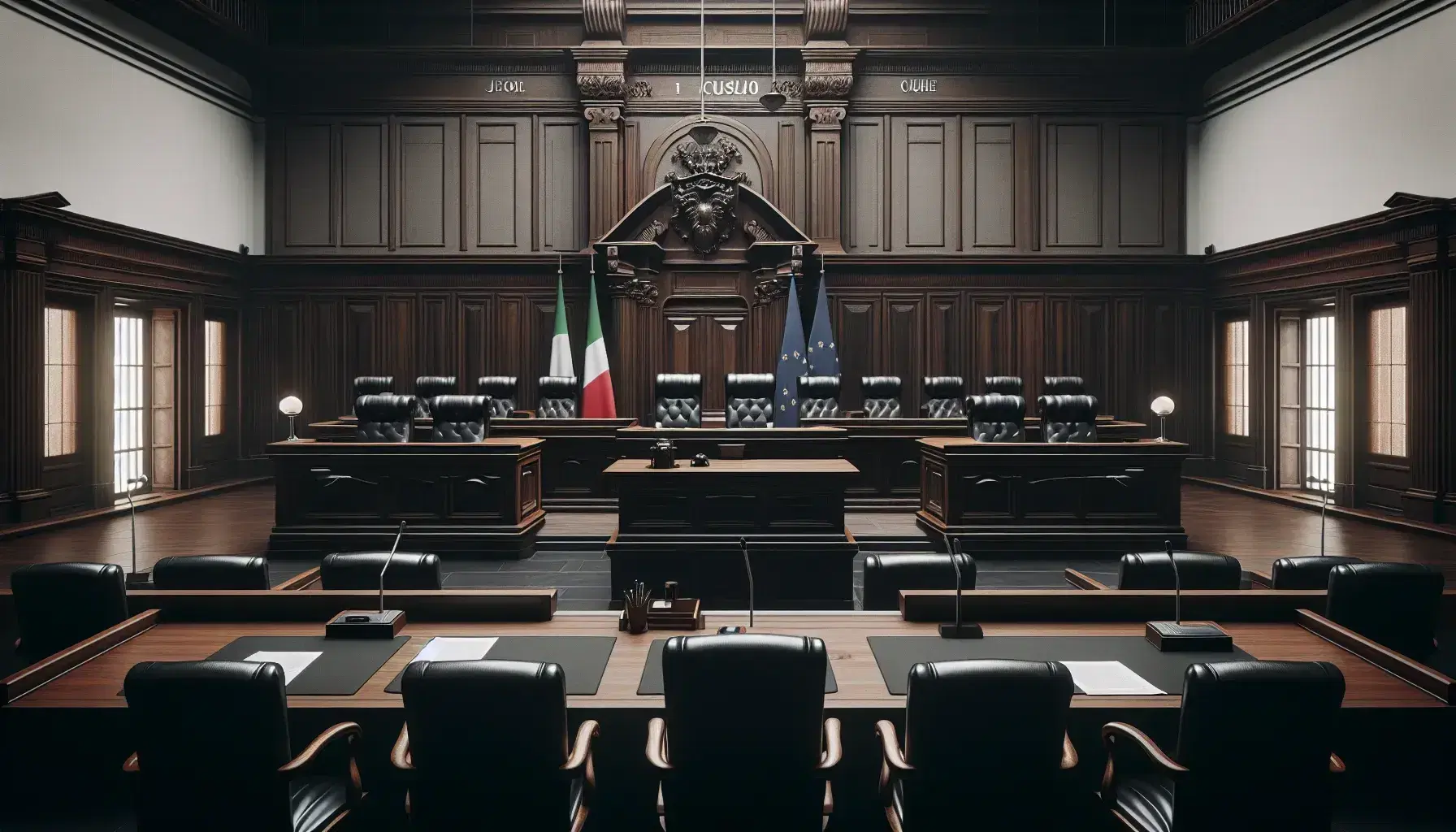 Aula di tribunale italiana vuota con banco del giudice in legno scuro, scrivania, bandiere italiane ed europee, banchi per avvocati e sedie per il pubblico.