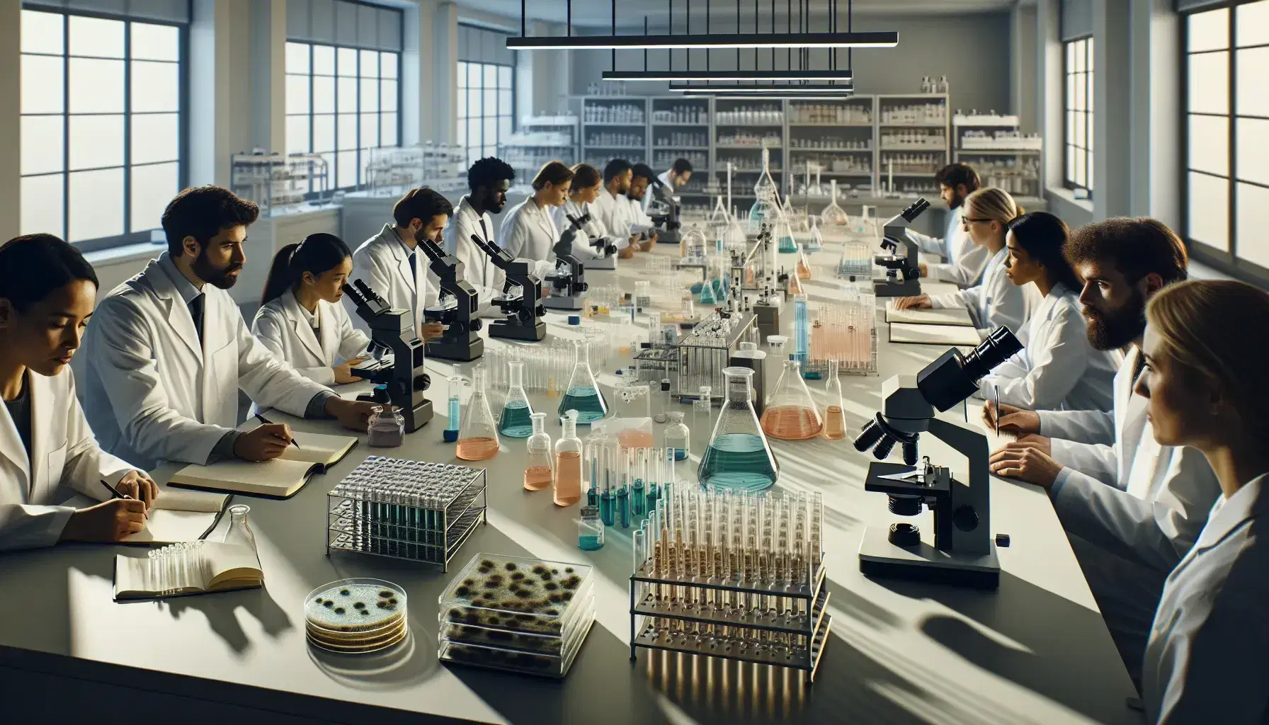 Grupo de científicos trabajando en laboratorio con microscopios, tubos de ensayo con líquidos de colores y placas de Petri, en un ambiente de colaboración.