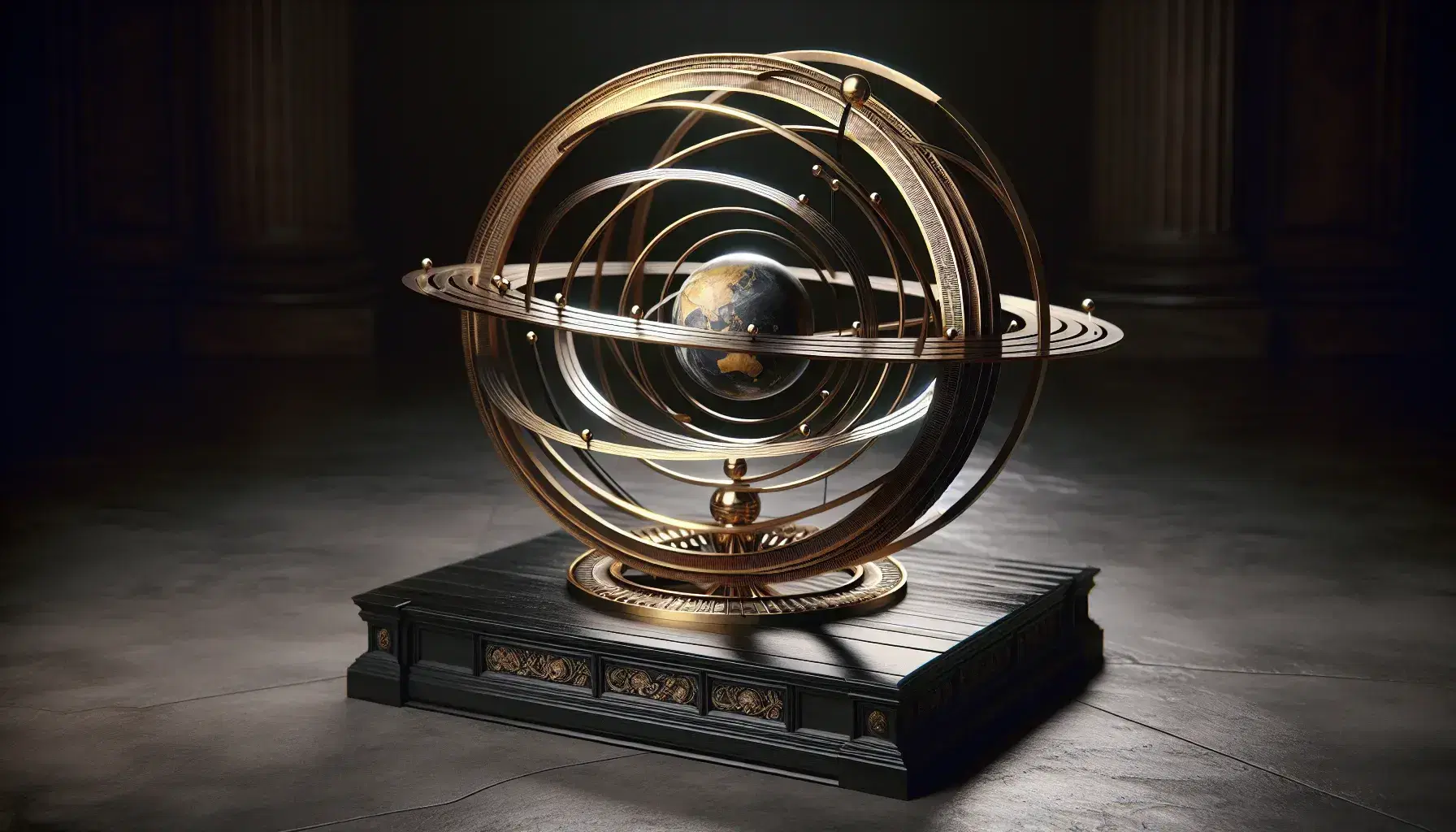Sfera armillare antica su piedistallo in legno scuro, anelli dorati concentrici rappresentano orbite planetarie su pavimento marmoreo grigio.