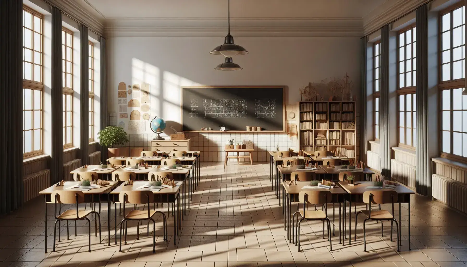 Aula espaciosa y luminosa con filas de pupitres de madera, pizarra negra grande, globo terráqueo, planta verde y estantería con libros y objetos educativos, sin personas visibles.