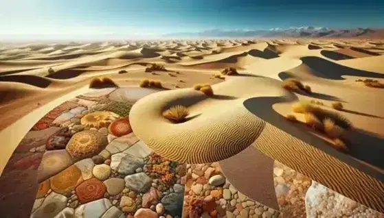 Desert landscape with rolling dunes, scattered vegetation and stone pavement, under a cloudless blue sky.