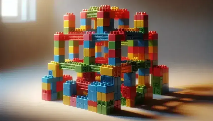 Bloques de construcción de plástico coloridos enlazados formando una estructura compleja con base de bloques rojos y azules y piezas superiores en amarillo, verde y naranja.