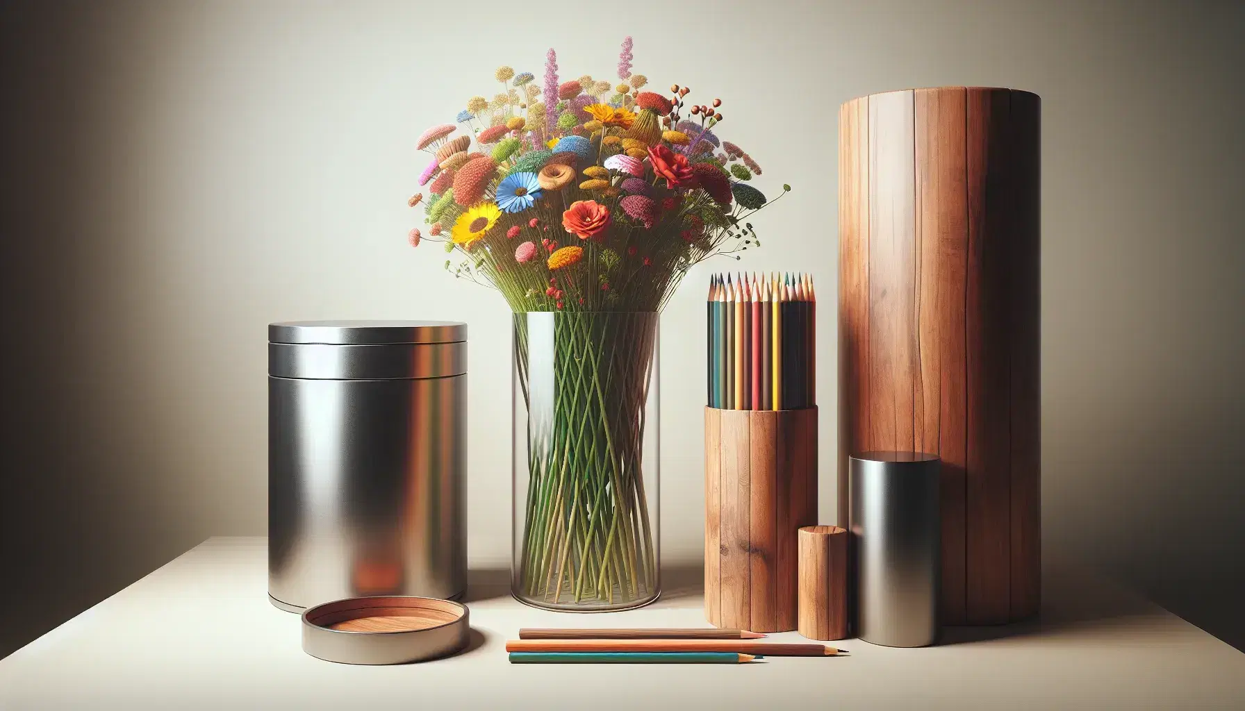 Assorted cylindrical objects including a glass vase with colorful flowers, a silver kitchen canister, a wooden log, colored pencils in a holder, and a rolled blue yoga mat.