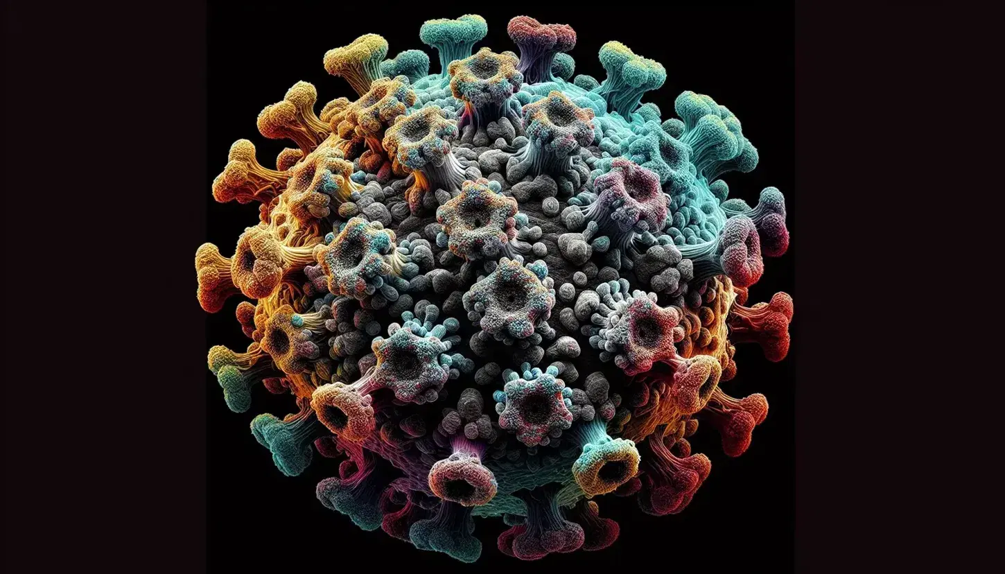 Micrografía electrónica colorida mostrando esferas con proyecciones tipo corona y varillas lisas, en tonos de grises y negros sobre fondo oscuro, destacando la diversidad de formas virales.