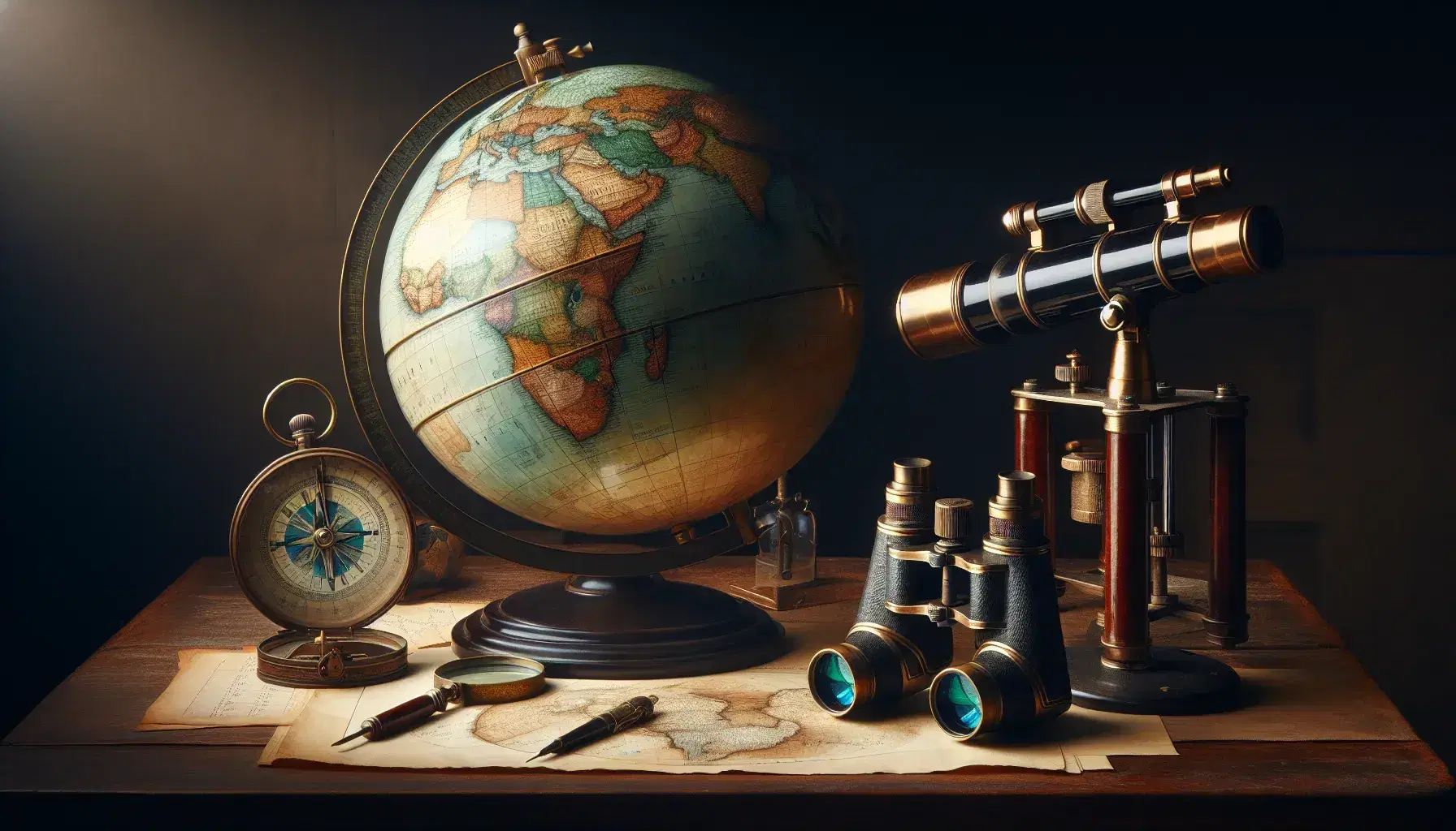 Mappamondo lucido su supporto in legno scuro con riflessi di continenti, bussola antica sfocata, telescopio vintage e binocolo su tavolo.