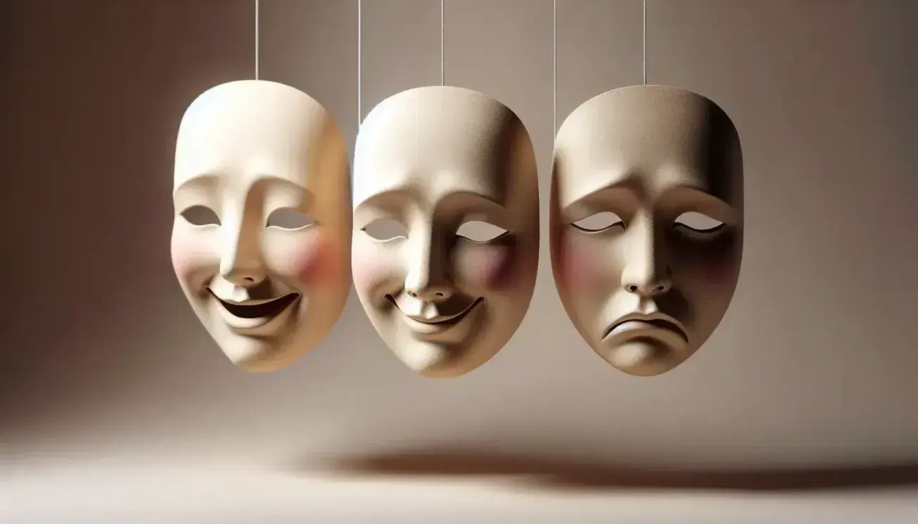 Tres máscaras teatrales con expresiones de alegría, neutralidad y tristeza suspendidas en fondo liso, evocando la gama de emociones humanas.