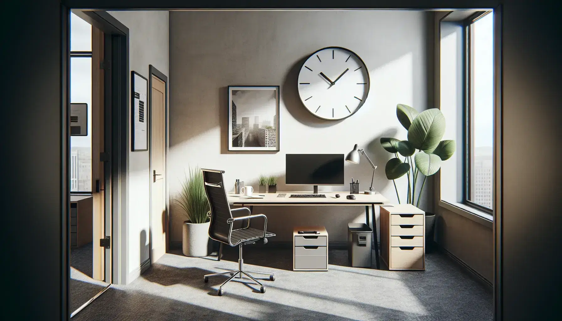 Small open-plan office with a neat desk, computer setup, swivel chair, potted plant, and two people conversing, bathed in natural light from a large window.