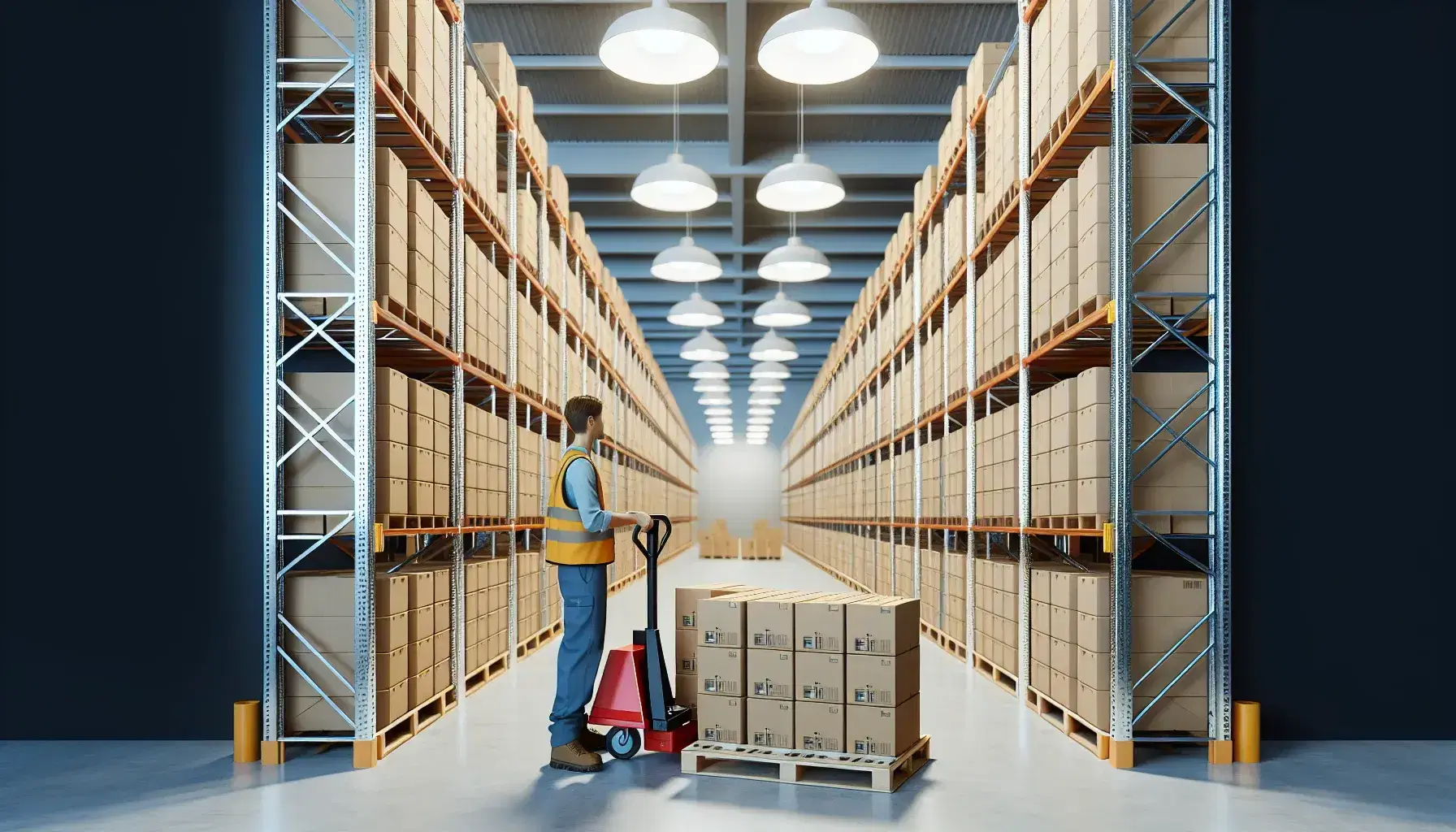 Organized warehouse with steel shelving units filled with uniform cardboard boxes and a worker operating a red pallet jack.