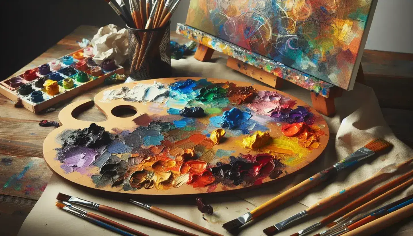 Tavolozza di legno con colori ad olio e pennelli vari, mescolanza di tonalità al centro, tela parzialmente dipinta e cavalletto sfocato sullo sfondo.