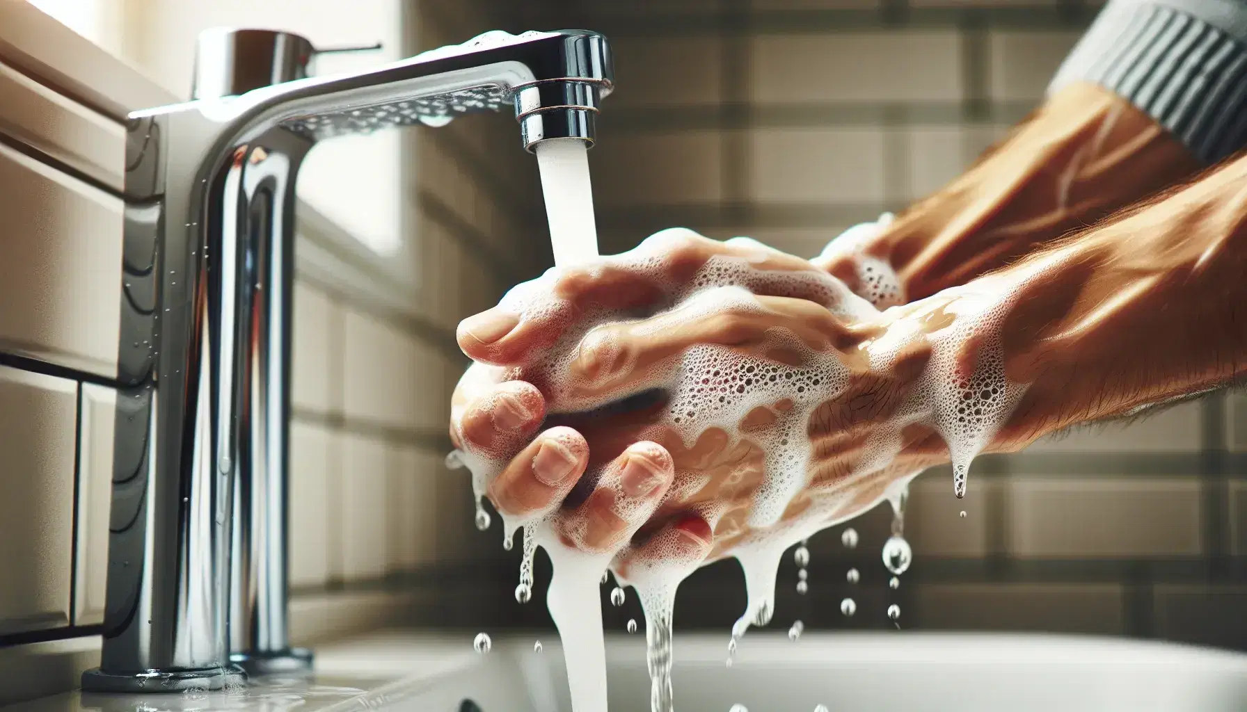 Manos frotándose con jabón y espuma bajo el chorro de agua de un grifo cromado, en un entorno de baño con azulejos claros.