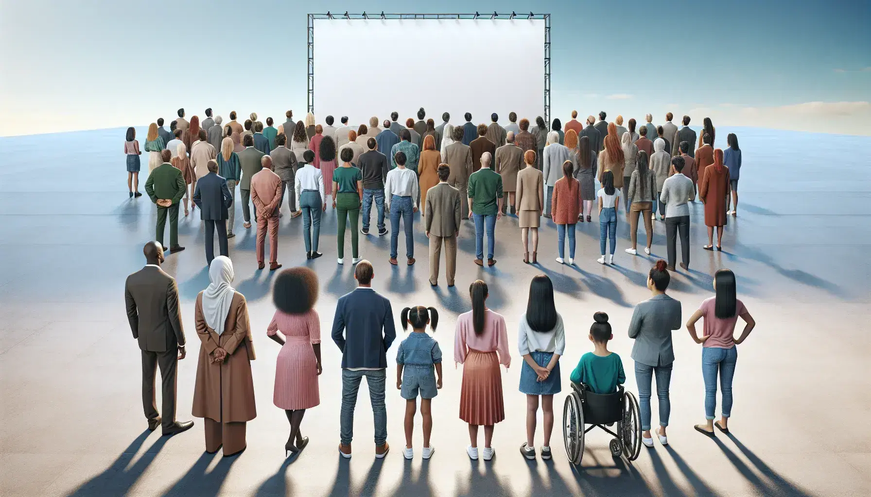 Multi-ethnic group of people in various outfits look at a blank white billboard, Asian girl and woman in wheelchair included, under a blue sky.