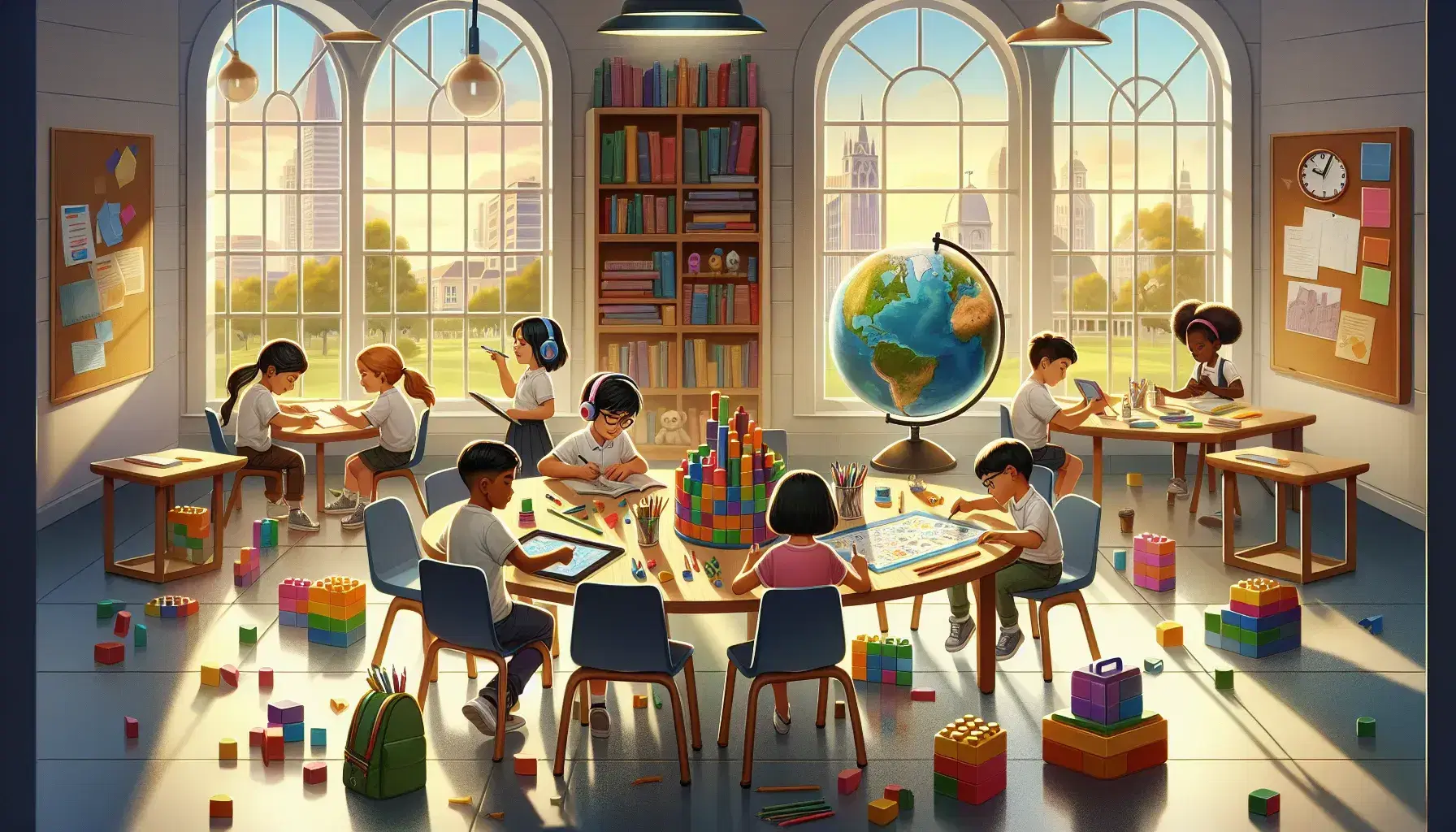 Aula escolar luminosa con niños realizando actividades educativas, uno con bloques de colores, otro dibujando, uno con tableta, otro con globo terráqueo y uno con rompecabezas, junto a estantería de libros y planta.