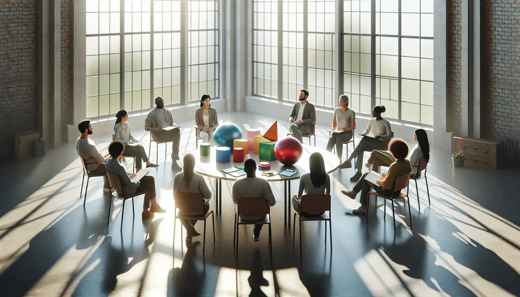 Diverse group engaged in discussion around a table with colorful geometric shapes, in a sunlit room with large windows and a one-way mirror.