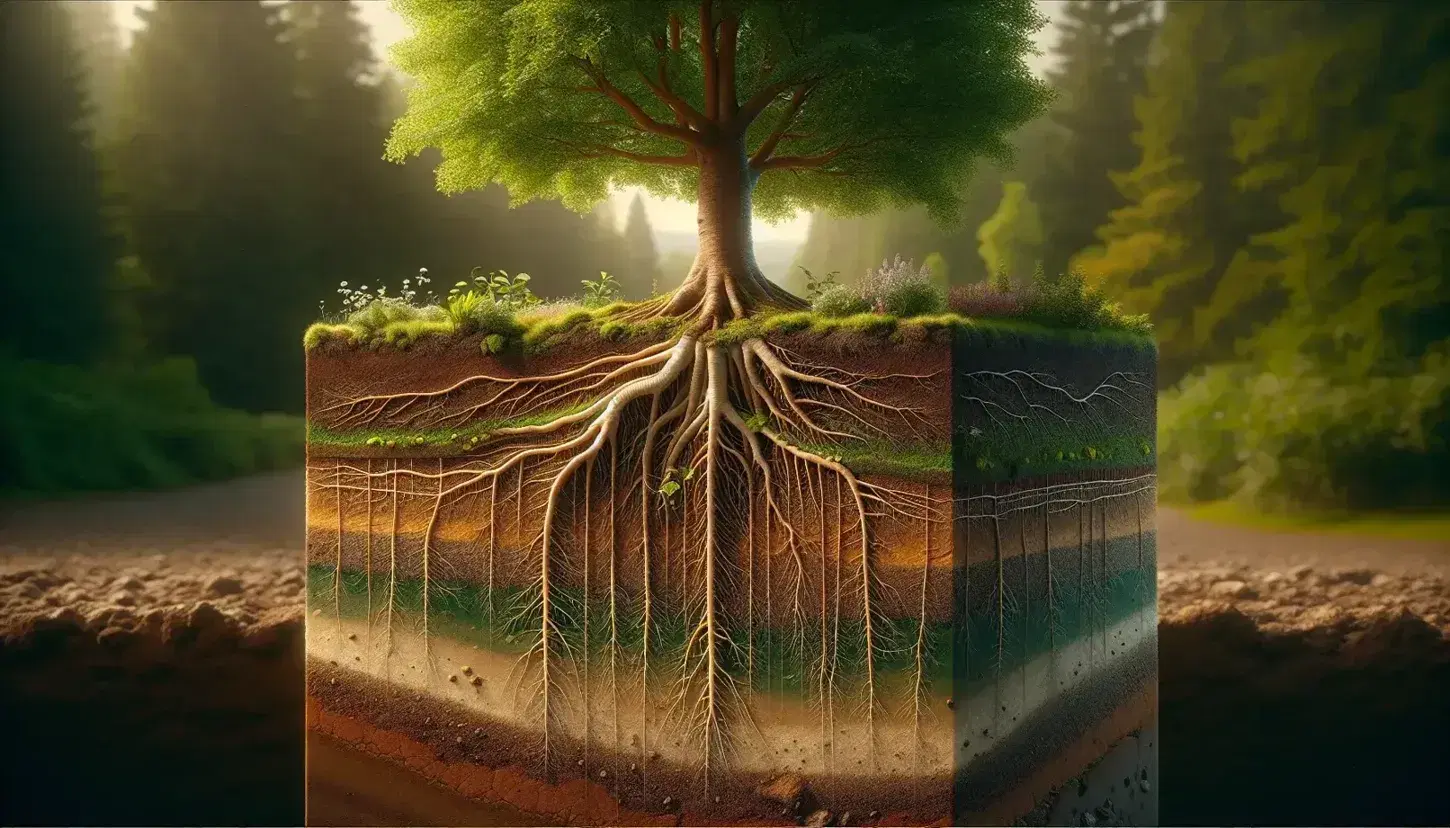 Cross-section view of a tree's root system in soil, showing a sturdy trunk, lush canopy, and intricate network of roots with a taproot and lateral rootlets.