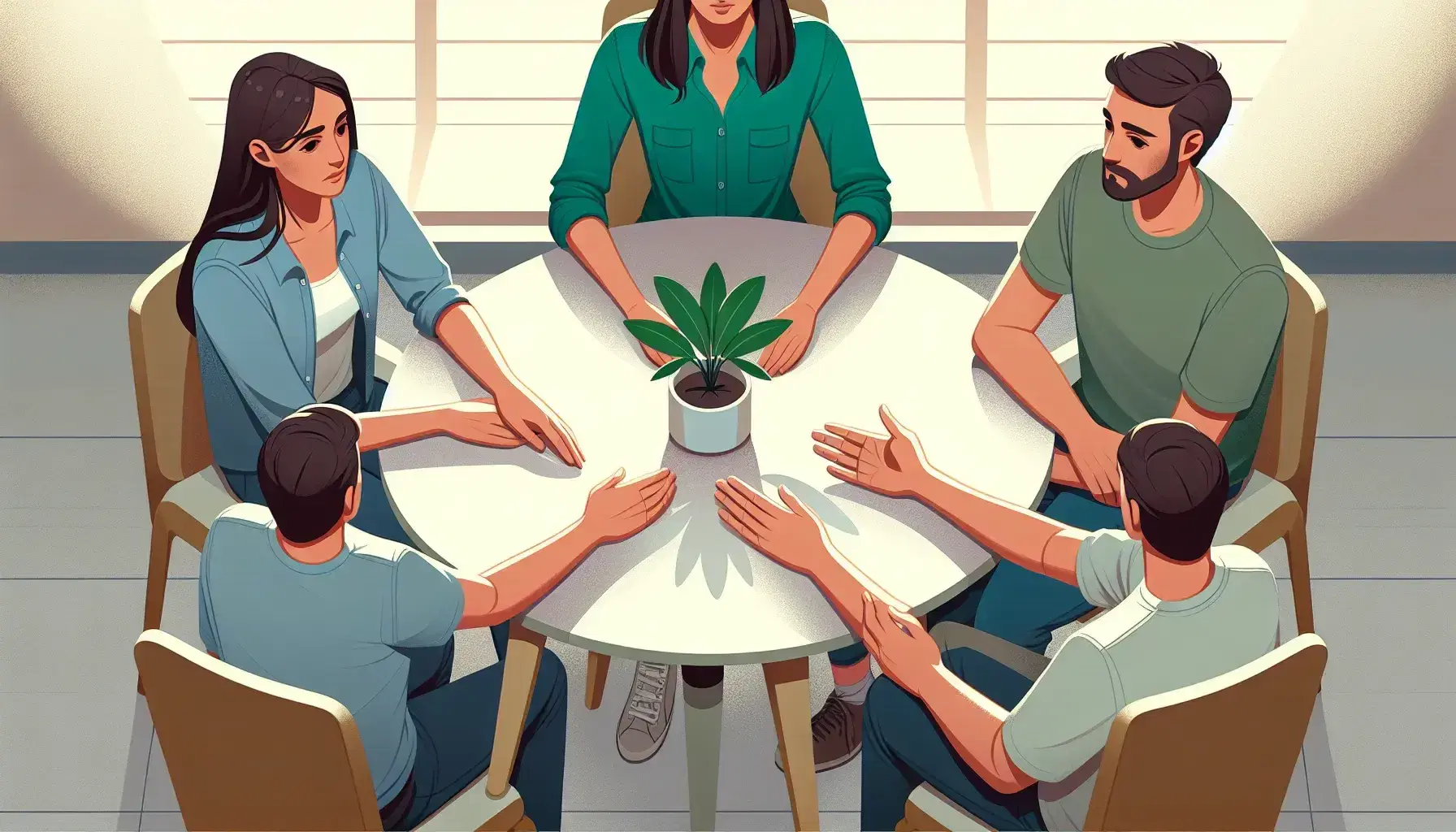 Tres personas de distintos tonos de piel conversan alrededor de una mesa redonda con una planta en el centro, en un espacio interior iluminado naturalmente.
