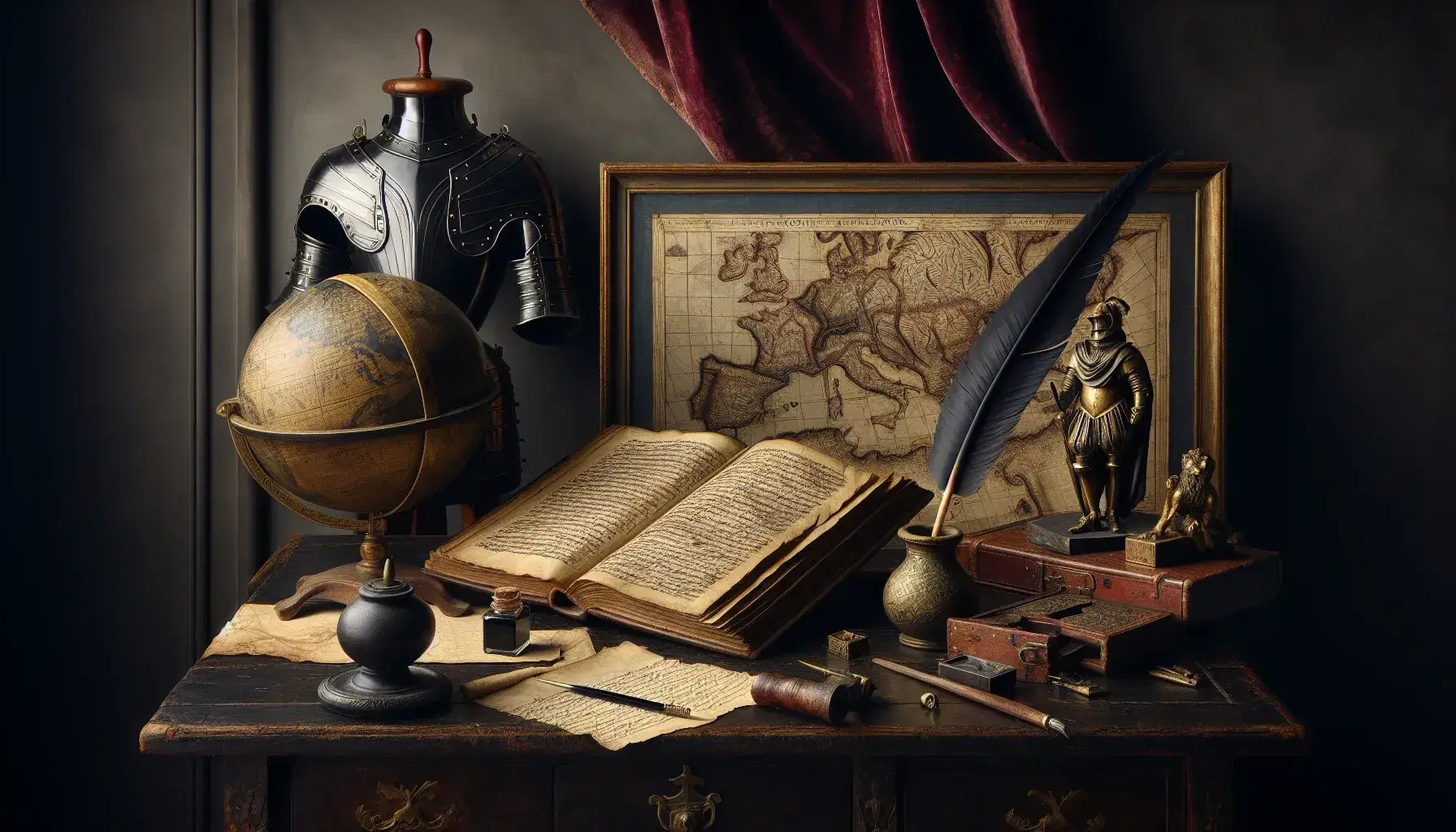 Scrivania rinascimentale in legno scuro con libro antico, calamaio in bronzo, mappa geografica, statuetta di leone e armatura riflettente.