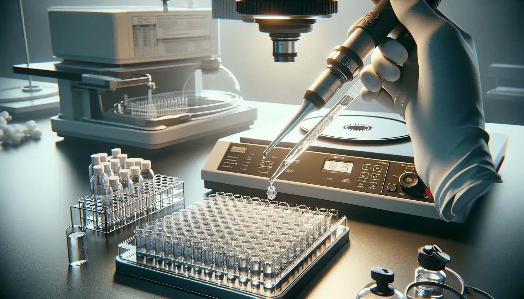 Close-up of a laboratory bench with a gloved hand using a pipette to transfer liquid into a microplate, with centrifuge and microscope in the background.