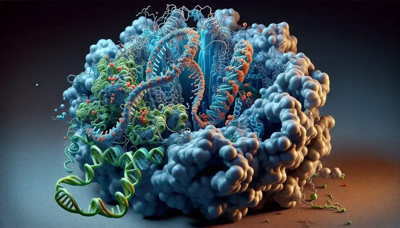 Detailed molecular model of a ribosome translating mRNA into a polypeptide, with blue and green subunits and a multicolored emerging amino acid chain.