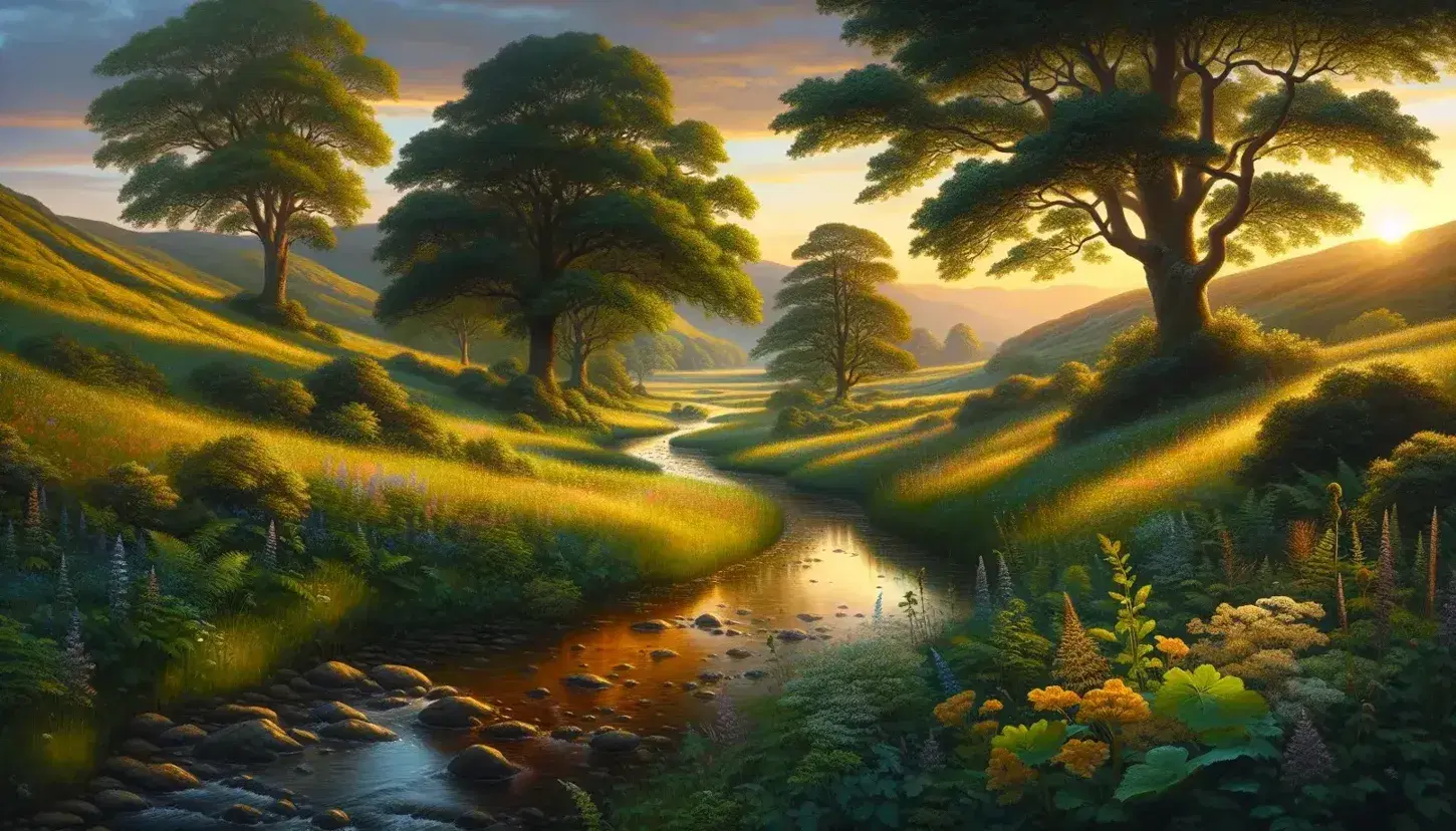 Serene meadow with wildflowers, a meandering stream, and tall trees during golden hour, with rolling hills and a gradient sunset sky in the background.
