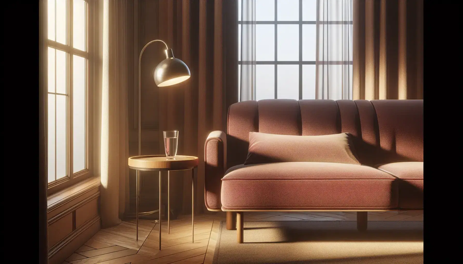 Cozy therapist's office with a burgundy Freudian couch, olive green armchair, cream curtains, and a warm glow from a floor lamp on a patterned rug.