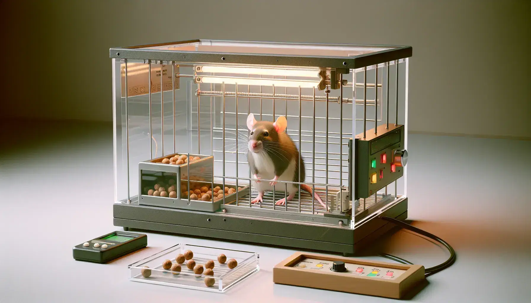 Laboratory with Skinner box and brown rat pressing a lever to get food pellets from a dispenser, electronic devices attached.