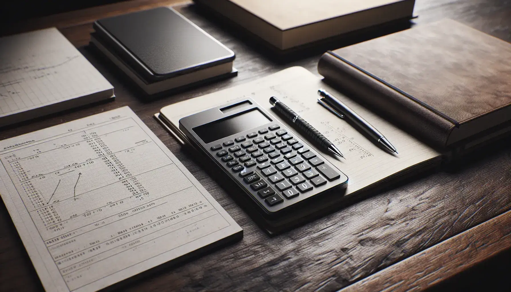 Escritorio de madera oscura con calculadora gris, hojas impresas, lápiz mecánico plateado y smartphone con funda negra, junto a un libro abierto.