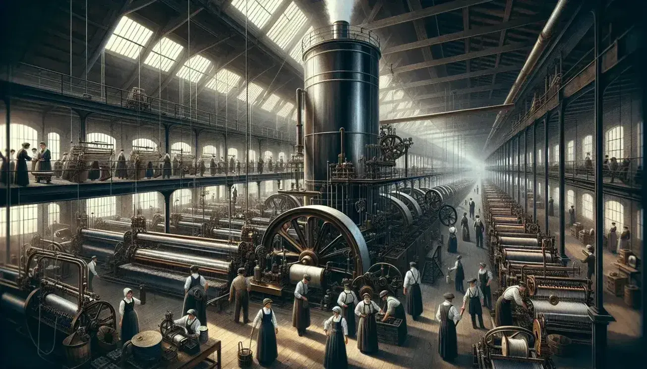 Interno di una fabbrica dell'epoca della Rivoluzione Industriale con operai attorno a un grande motore a vapore e filatoi meccanici in azione.
