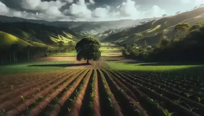 Paisaje rural colombiano con campo de cultivo en primer plano, surcos de tierra marrón, plantas verdes, colinas arboladas al fondo y cielo parcialmente nublado.