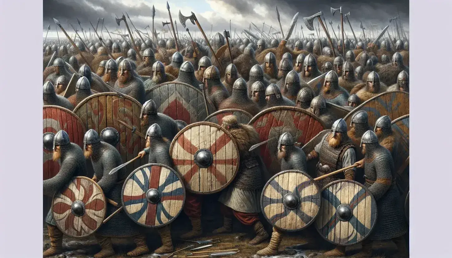Viking warriors in chainmail form a shield wall with overlapping round shields, readying axes and swords against a stormy sky.