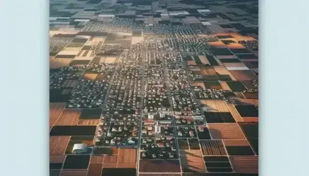 Vista aérea de una pequeña ciudad con edificios de tonos claros y tejados rojizos junto a campos de cultivo verdes y marrones, mostrando una transición fluida entre zonas urbanas y rurales bajo un cielo azul despejado.