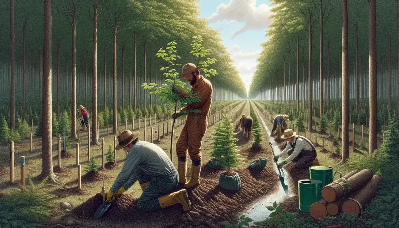 Tres voluntarios realizan reforestación plantando y regando árboles jóvenes en un bosque, con cielo azul y vegetación verde alrededor.