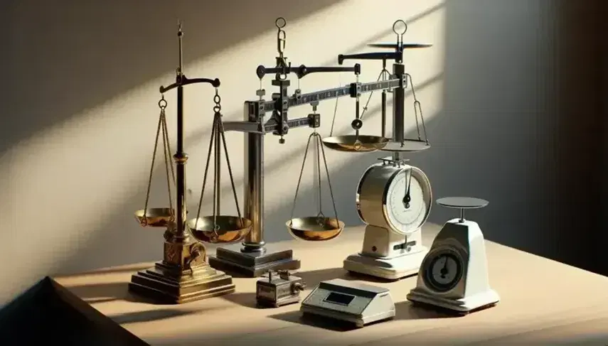 Bilance di precisione storiche e moderne su tavolo in legno, da bilancia a bracci in ottone a bilancia digitale con display.