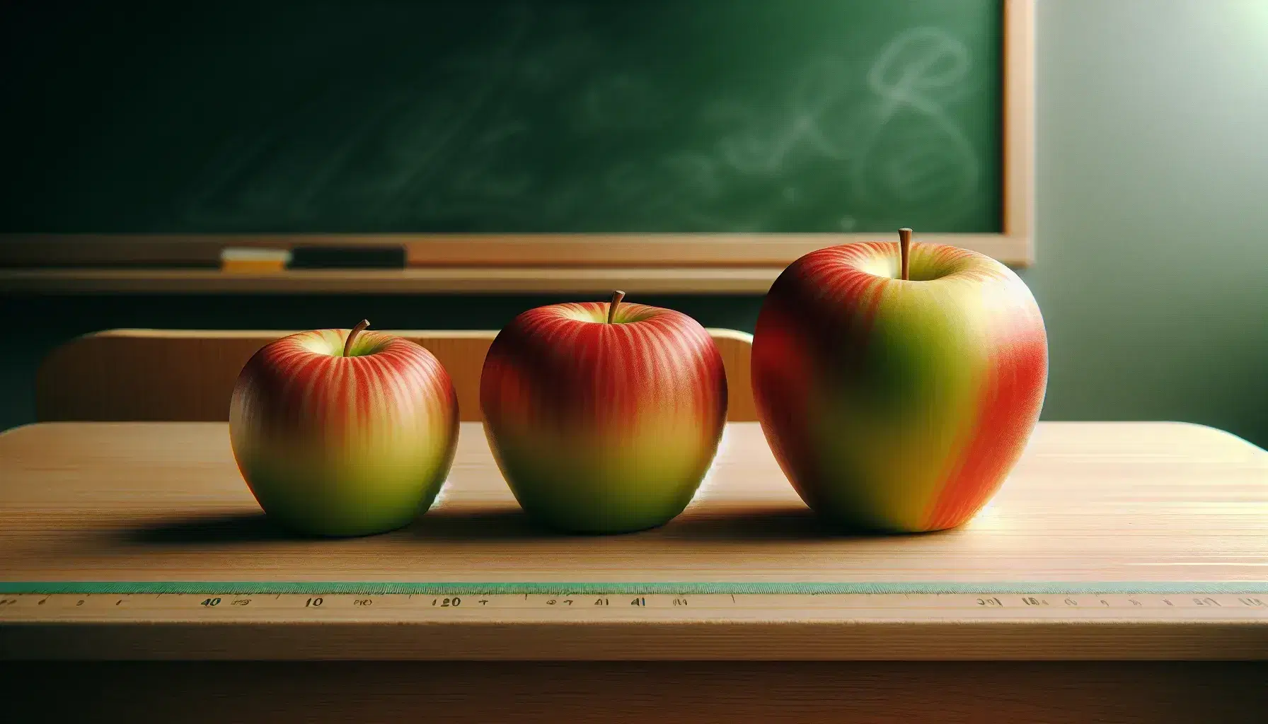 Tre mele di dimensioni crescenti su banco scolastico, dalla più piccola verde-gialla a sinistra alla più grande rossa a destra.