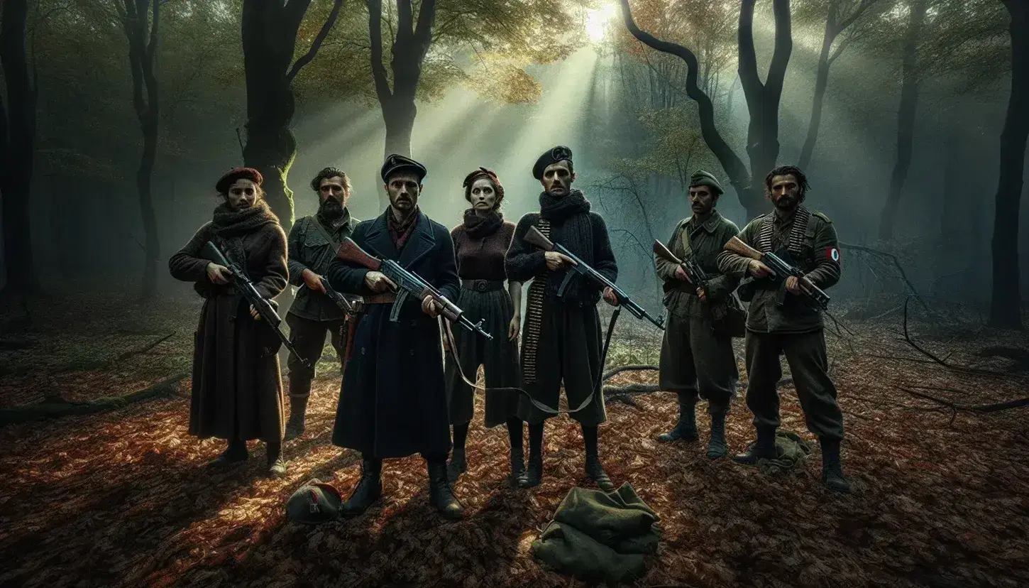 Gruppo di partigiani italiani in posa in una foresta autunnale, armati e determinati, circondati da alberi e foglie cadute.