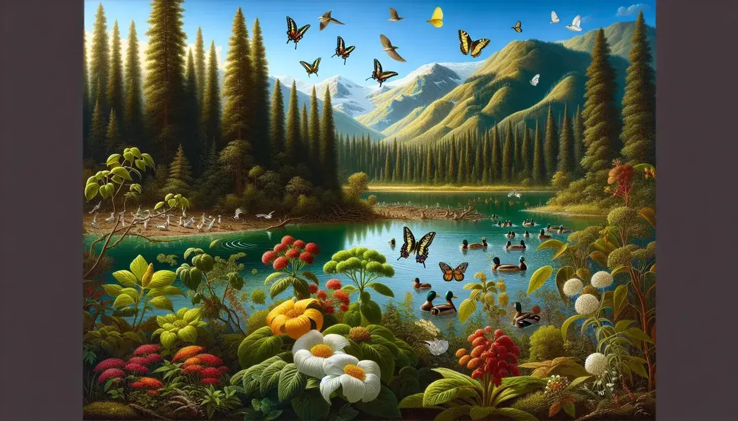 Paisaje natural con plantas y flores coloridas, mariposas y abejas en primer plano, patos nadando en un lago y montañas boscosas al fondo bajo un cielo azul.
